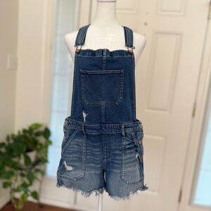 Hollister Boyfriend Short Overalls – Size Large – Blue Distressed Denim